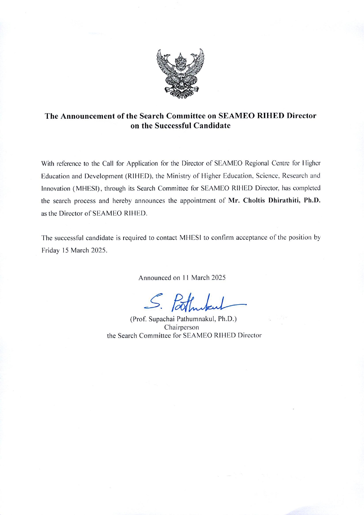 Announcement on the successful candidate SEAMEO RIHED Director page 0001
